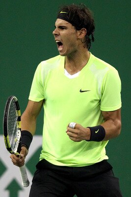 SHANGHAI, CHINA - OCTOBER 14:  Rafael Nadal of Spain celebrates a point against Jurgen Melzer of Austria during day four of the 2010 Shanghai Rolex Masters at the Shanghai Qi Zhong Tennis Center on October 13, 2010 in Shanghai, China.  (Photo by Matthew S