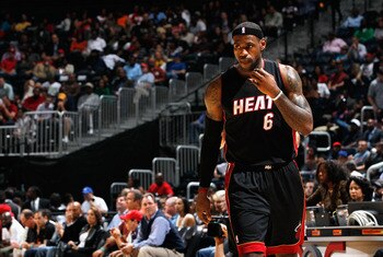 ATLANTA - OCTOBER 21:  LeBron James #6 of the Miami Heat walks up the court during the game against the Atlanta Hawks at Philips Arena on October 21, 2010 in Atlanta, Georgia.  (Photo by Kevin C. Cox/Getty Images)