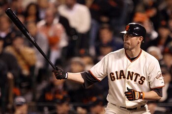 SAN FRANCISCO - OCTOBER 21:  Aubrey Huff #17 of the San Francisco Giants at bat while taking on the Philadelphia Phillies in Game Five of the NLCS during the 2010 MLB Playoffs at AT&T Park on October 21, 2010 in San Francisco, California.  (Photo by Ezra