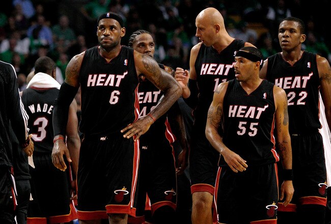 BOSTON, MA - OCTOBER 26: LeBron James #6 of the Miami Heat leads his team onto the court after a time out during a game against the Boston Celtics at the TD Banknorth Garden on October 26, 2010 in Boston, Massachusetts. NOTE TO USER: User expressly acknow