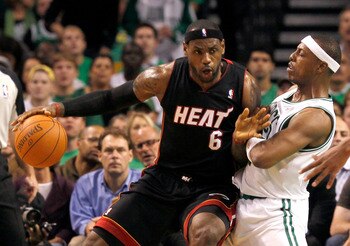 BOSTON, MA - OCTOBER 26:  Paul Pierce #34 of the Boston Celtics defends against LeBron James #6 of the Miami Heat at the TD Banknorth Garden on October 26, 2010 in Boston, Massachusetts. NOTE TO USER: User expressly acknowledges and agrees that, by downlo
