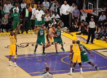 LOS ANGELES, CA - JUNE 17:  Kobe Bryant #24 of the Los Angeles Lakers shoots a free throw in Game Seven of the 2010 NBA Finals against the Boston Celtics at Staples Center on June 17, 2010 in Los Angeles, California.  NOTE TO USER: User expressly acknowle