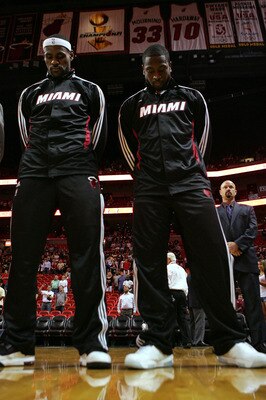 MIAMI - OCTOBER 12:  Forward LeBron James #6 and Dwyane Wade #3 of the Miami Heat prior to playing CSKA Moskow on October 12, 2010 in Miami, Florida.  NOTE TO USER: User expressly acknowledges and agrees that, by downloading and or using this photograph, 