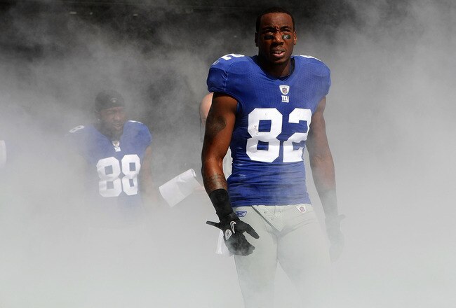 EAST RUTHERFORD, NJ - OCTOBER 17: Mario Manningham #82 of the New York Giants against the Detroit Lions at New Meadowlands Stadium on October 17, 2010 in East Rutherford, New Jersey.  (Photo by Nick Laham/Getty Images)