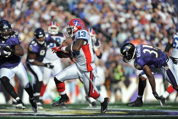 BALTIMORE, MD - OCTOBER 24:  Steve Johnson #13 of the Buffalo Bills runs the ball against the Baltimore Ravens at M&T Bank Stadium on October 24, 2010 in Baltimore, Maryland. The Ravens defeated the Bills 37-34. (Photo by Larry French/Getty Images)