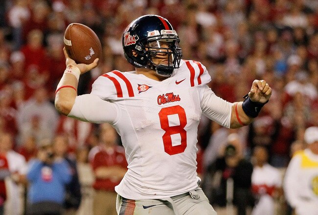TUSCALOOSA, AL - OCTOBER 16:  Quarterback Jeremiah Masoli #8 of the Ole Miss Rebels against the Alabama Crimson Tide at Bryant-Denny Stadium on October 16, 2010 in Tuscaloosa, Alabama.  (Photo by Kevin C. Cox/Getty Images)