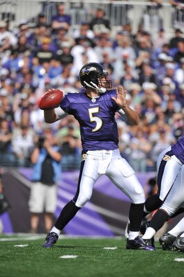 BALTIMORE, MD - OCTOBER 24:  Joe Flacco #5 of the Baltimore Ravens passes against the Buffalo Bills at M&T Bank Stadium on October 24, 2010 in Baltimore, Maryland. The Bills lead the Ravens at the half 24-20. (Photo by Larry French/Getty Images)