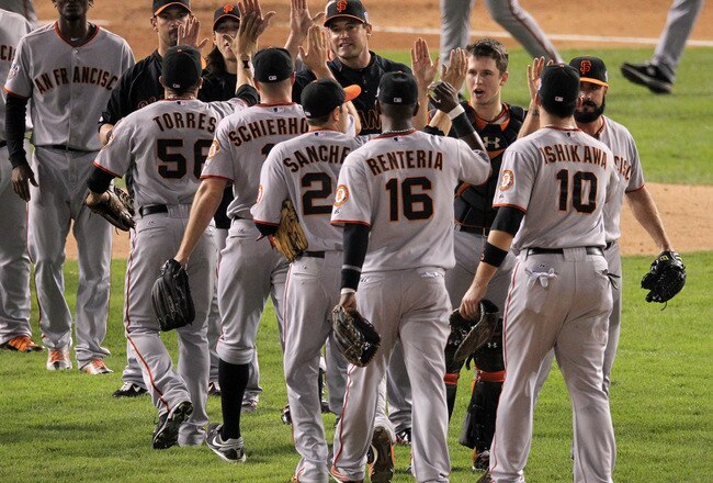 ARLINGTON, TX - OCTOBER 31:  The San Francisco Giants celebrate their 4-0 victory over the Texas Rangers in Game Four of the 2010 MLB World Series at Rangers Ballpark in Arlington on October 31, 2010 in Arlington, Texas.  (Photo by Doug Pensinger/Getty Im