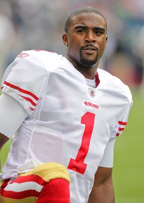 SEATTLE - SEPTEMBER 12:  Quarterback Troy Smith #1 of the San Francisco 49ers looks on during warm ups prior to the NFL season opener against the Seattle Seahawks at Qwest Field on September 12, 2010 in Seattle, Washington. (Photo by Otto Greule Jr/Getty
