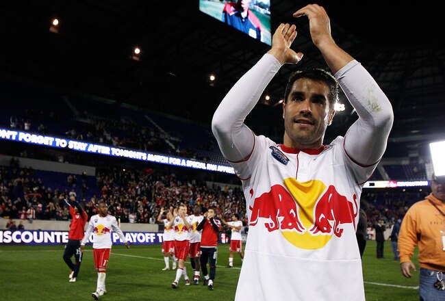 HARRISON, NJ - OCTOBER 21:  Juan Pablo Angel #9 of the New York Red Bulls salutes the crowd after defeating the New England Revolution 2-0 on October 21, 2010 at Red Bull Arena in Harrison, New Jersey.  (Photo by Mike Stobe/Getty Images for New York Red B
