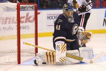 ST. LOUIS - OCTOBER 22: Jaroslav Halak #41 of the St. Louis Blues makes a save against the Chicago Blackhawks at the Scottrade Center on October 22, 2010 in St. Louis, Missouri.  (Photo by Dilip Vishwanat/Getty Images)
