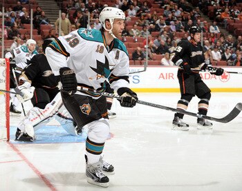 ANAHEIM, CA - SEPTEMBER 22:  Joe Thornton #19 of the San Jose Sharks waits in front of the net against the Anaheim Ducks at Honda Center on September 22, 2010 in Anaheim, California.  (Photo by Harry How/Getty Images)