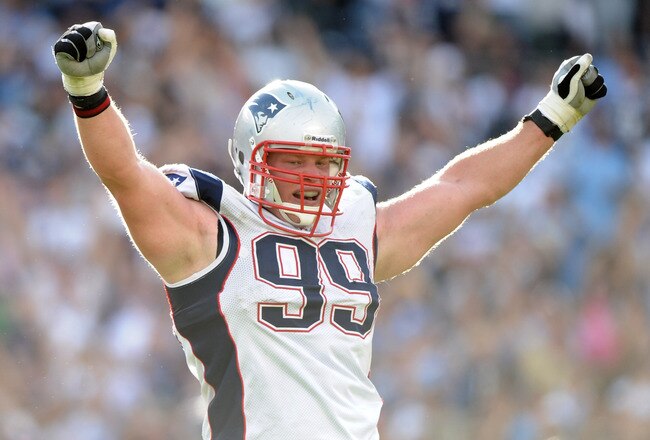 SAN DIEGO - OCTOBER 24: Mike Wright #99 of the New England Patriots celebrates a missed last second field goal for a 23-20 win over the San Diego Chargers at Qualcomm Stadium on October 24, 2010 in San Diego, California.  (Photo by Harry How/Getty Images)