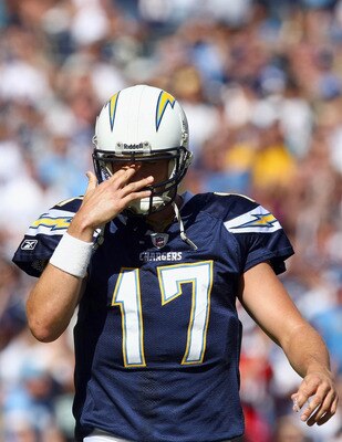 SAN DIEGO - OCTOBER 24:  Quarterback Philip Rivers #17 of the San Diego Chargers reacts to turning over the ball against the New England Patriots during the first half of their NFL game on October 24, 2010 at Qualcomm Stadium in San Diego, California. (Ph