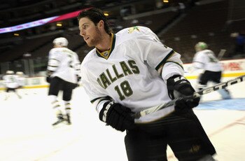 DENVER - SEPTEMBER 28:  James Neal #18 of the Dallas Stars warms up prior to facing the Colorado Avalanche during preseason NHL action at the Pepsi Center on September 28, 2010 in Denver, Colorado. The Avalanche defeated the Stars 2-1.  (Photo by Doug Pen