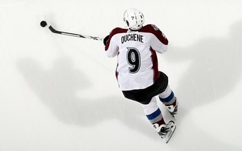 UNIONDALE, NY - OCTOBER 16:  Matt Duchene #9 of the Colorado Avalanche warms up before playing against the New York Islanders on October 16, 2010 at Nassau Coliseum in Uniondale, New York.  (Photo by Jim McIsaac/Getty Images)