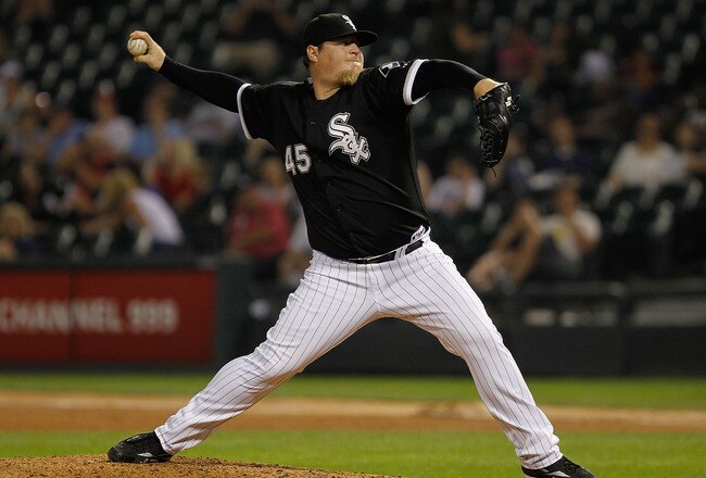 CHICAGO - JULY 07: Bobby Jenks #45 of the Chicago White Sox pitches in the 9th inning against the Los Angeles Angels of Anaheim at U.S. Cellular Field on July 7, 2010 in Chicago, Illinois. The White Sox defeated the Angels 5-2. (Photo by Jonathan Daniel/G