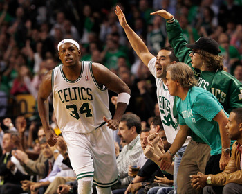 BOSTON, MA - OCTOBER 26:  Fans reacts after Paul Pierce #34 of the Boston Celtics scored a basket against the Miami Heat at the TD Banknorth Garden on October 26, 2010 in Boston, Massachusetts. NOTE TO USER: User expressly acknowledges and agrees that, by