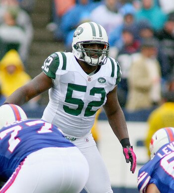 ORCHARD PARK, NY - OCTOBER 03: David Harris #52  of the New York Jets lines up against the Buffalo Bills at Ralph Wilson Stadium on October 3, 2010 in Orchard Park, New York. The Jets  won 38-14. (Photo by Rick Stewart/Getty Images)