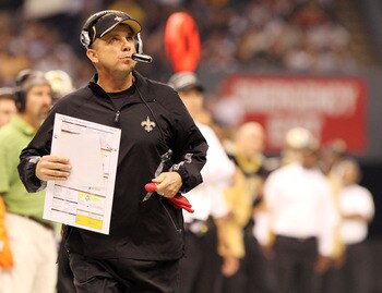 NEW ORLEANS - OCTOBER 31: Head coach Sean Payton of the New Orleans Saints prepares to challenge a call during the game against the Pittsburgh Steelers at the Louisiana Superdome on October 31, 2010 in New Orleans, Louisiana. (Photo by Matthew Sharpe/Gett