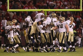 SAN FRANCISCO - SEPTEMBER 20:  Garrett Hartley #5 of the New Orleans Saints celebrates with teammates after kicking the game winning field goal against the San Francisco 49ers during an NFL game at Candlestick Park on September 20, 2010 in San Francisco, 
