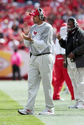 KANSAS CITY, MO - OCTOBER 24:  Head coach Todd Haley of the Kansas City Chiefs watches from the sidelines during the game against the Jacksonville Jaguars on October 24, 2010 at Arrowhead Stadium in Kansas City, Missouri.  (Photo by Jamie Squire/Getty Ima