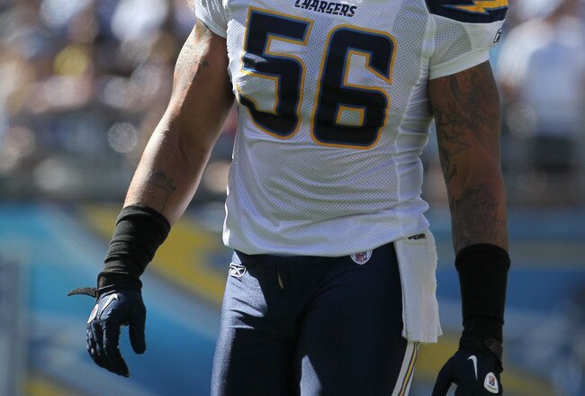 SAN DIEGO - SEPTEMBER 19:  Linebacker Shawne Merriman #56 of the San Diego Chargers waits on the line of scrimmage against the Jacksonville Jaguars at Qualcomm Stadium on September 19, 2010 in San Diego, California. The Chargers won 38-13.  (Photo by Step