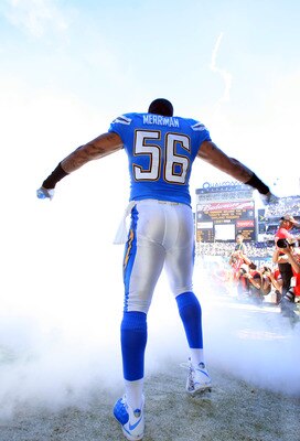 SAN DIEGO, CA - NOVEMBER 1:  Shawne Merriman #56 of the San Diego Chargers enters the field before the game against the Oakland Raiders on November 1, 2009 at Qualcomm Stadium in San Diego, California. (Photo by Donald Miralle/Getty Images)