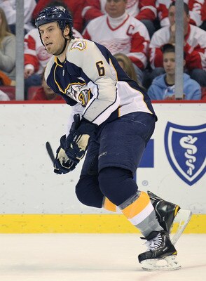 DETROIT,MI - OCTOBER 30:  Shea Weber #6 of the Nashville Predators skates in a game against the Detroit Red Wings on October 30,2010 at the Joe Louis Arena in Detroit , Michigan. The Wings defeated the Predators 5-2. (Photo by Claus Andersen/Getty Images)