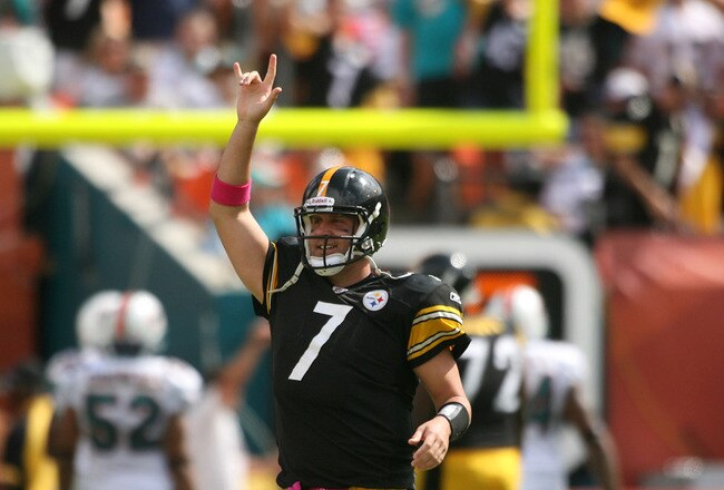 MIAMI - OCTOBER 24:  Quarterback Ben Roethlisberger #7 celebrates a touchdown against the Miami Dolphins at Sun Life Stadium on October 24, 2010 in Miami, Florida.  (Photo by Marc Serota/Getty Images)