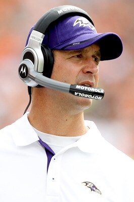 CINCINNATI - SEPTEMBER 19:  Head coach John Harbaugh of the Baltimore Ravens looks on from the sidelines while playing the Cincinnati Bengals at Paul Brown Stadium on September 19, 2010 in Cincinnati, Ohio.  (Photo by Matthew Stockman/Getty Images)