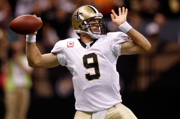NEW ORLEANS - OCTOBER 24:  Drew Brees #9 of the New Orleans Saints throws a pass against the Cleveland Browns at the Louisiana Superdome on October 24, 2010 in New Orleans, Louisiana.  (Photo by Chris Graythen/Getty Images)