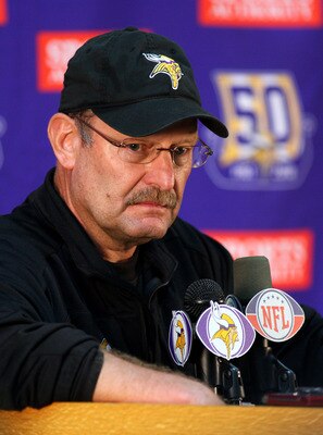 EDEN PRAIRIE, MN - OCTOBER 7:  Minnesota Vikings head coach Brad Childress answers questions from the media during a press conference at Winter Park on October 7, 2010 in Eden Prairie, Minnesota.  (Photo by Adam Bettcher/Getty Images)