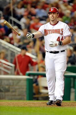 WASHINGTON - SEPTEMBER 29:  Adam Dunn #44 of the Washington Nationals tosses his bat after striking out against the Philadelphia Phillies at Nationals Park on September 29, 2010 in Washington, DC.  (Photo by Greg Fiume/Getty Images)