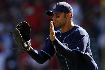 ARLINGTON, TX - OCTOBER 10:  Carlos Pena #23 of the Tampa Bay Rays celebrates after a 5-2 win against the Texas Rangers during game 4 of the ALDS at Rangers Ballpark in Arlington on October 10, 2010 in Arlington, Texas.  (Photo by Ronald Martinez/Getty Im