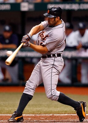 ST. PETERSBURG - JULY 26:  Designated hitter Johnny Damon #18 of the Detroit Tigers fouls off a pitch against the Tampa Bay Rays during the game at Tropicana Field on July 26, 2010 in St. Petersburg, Florida.  (Photo by J. Meric/Getty Images)