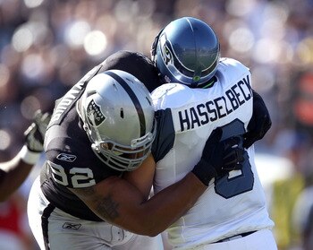 Richard Seymour with one of many hard hits on Matt Hasselbeck in a 33-3 victory against Seattle.