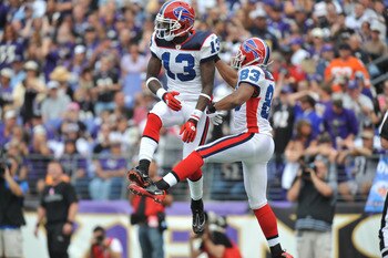 BALTIMORE, MD - OCTOBER 24:  Steve Johnson #13 and Lee Evans #83 of the Buffalo Bills celebrate Lee's touchdown against the Baltimore Ravens at M&T Bank Stadium on October 24, 2010 in Baltimore, Maryland. The Ravens defeated the Bills 37-34. (Photo by Lar