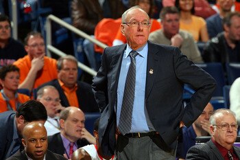BUFFALO, NY - MARCH 21:  Head coach Jim Boeheim of the Syracuse Orange gestures from the bench against the Gonzaga Bulldogs during the second round of the 2010 NCAA men's basketball tournament at HSBC Arena at HSBC Arena on March 21, 2010 in Buffalo, New