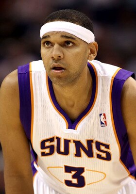 PHOENIX - OCTOBER 12: Jared Dudley #3 of the Phoenix Suns during the preseason NBA game against the Utah Jazz at US Airways Center on October 12, 2010 in Phoenix, Arizona. NOTE TO USER: User expressly acknowledges and agrees that, by downloading and or us