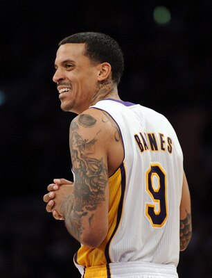 LOS ANGELES, CA - NOVEMBER 07:  Matt Barnes #9 of the Los Angeles Lakers smiles during a 121-96 win over the Portland Trail Blazers at the Staples Center on November 7, 2010 in Los Angeles, California.  NOTE TO USER: User expressly acknowledges and agrees