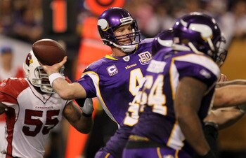 MINNEAPOLIS - NOVEMBER 07:  Quarterback Brett Favre #4 of the Minnesota Vikings throws a pass against the Arizona Cardinals at Hubert H. Humphrey Metrodome on November 7, 2010 in Minneapolis, Minnesota.  The Vikings won 27-24 in overtime. (Photo by Stephe