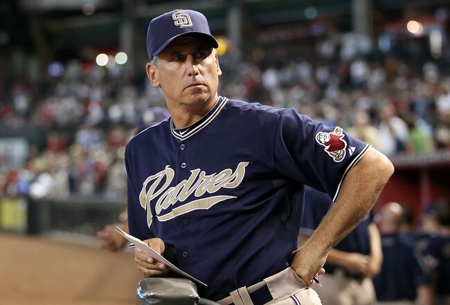 PHOENIX - AUGUST 08:  Manager Bud Black of the San Diego Padres watches from the dugout during the Major League Baseball game against the Arizona Diamondbacks at Chase Field on August 8, 2010 in Phoenix, Arizona.  (Photo by Christian Petersen/Getty Images