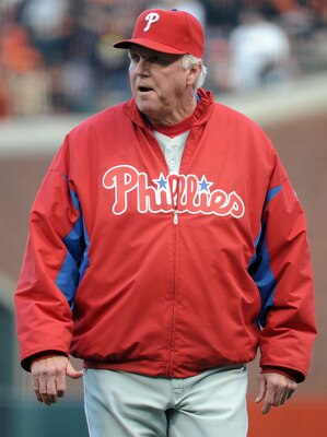 SAN FRANCISCO - OCTOBER 20:  Manager Charlie Manuel of the Philadelphia Phillies walks on the field during Game Four of the NLCS against the San Francisco Giants during the 2010 MLB Playoffs at AT&T Park on October 20, 2010 in San Francisco, California.