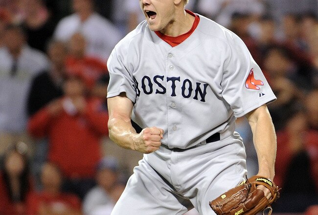 ANAHEIM, CA - JULY 26:  Jonathan Papelbon #58 of the Boston Red Sox celebrates a 6-3 win over the Los Angeles Angels at Angel Stadium on July 26, 2010 in Anaheim, California.  (Photo by Harry How/Getty Images)
