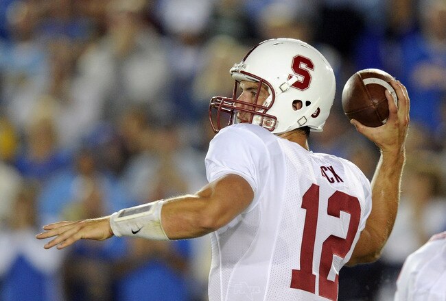 PASADENA, CA - SEPTEMBER 11:  Andrew Luck #12 of Stanford passes in the pocket against UCLA during the game at the Rose Bowl on September 11, 2010 in Pasadena, California.  (Photo by Harry How/Getty Images)