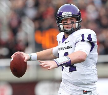 SALT LAKE CITY, UT - NOVEMBER 6: Quarterback Andy Dalton #14 of the TCU Horned Frogs throws a pass against the Utah Utes during the second half of an NCAA Football game November 6, 2010 at Rice-Eccles Stadium in Salt Lake City, Utah. TCU Beat Utah 47-7.