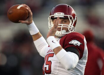 COLUMBIA, SC - NOVEMBER 06:  Ryan Mallett #15 of the Arkansas Razorbacks during warm ups before the start of their game against the South Carolina Gamecocks at Williams-Brice Stadium on November 6, 2010 in Columbia, South Carolina.  (Photo by Streeter Lec