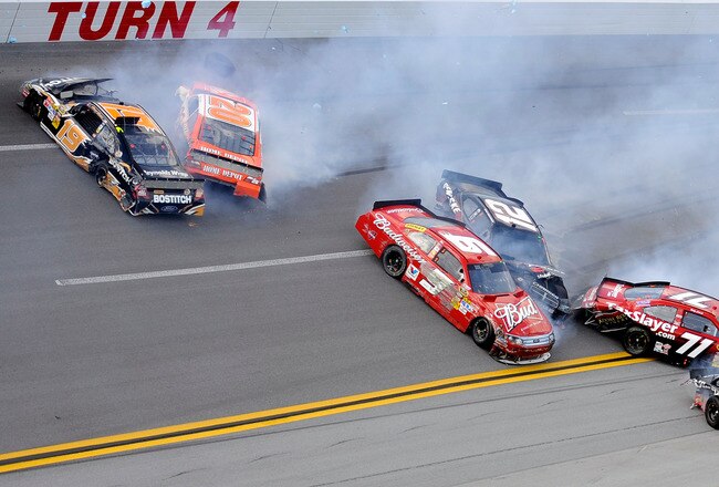 TALLADEGA, AL - APRIL 25:  Elliott Sadler, driver of the #19 Stanley/Bostitch Ford, Joey Logano, driver of the #20 Home Depot Toyota, Kasey Kahne, driver of the #9 Budweiser Ford, Brad Keselowski, driver of the #12 Penske Dodge, Ryan Newman, driver of the