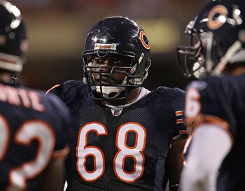 CHICAGO - AUGUST 28: Frank Omiyale #68 of the Chicago Bears waits in the huddle during a preseason game against the Arizona Cardinals at Soldier Field on August 28, 2010 in Chicago, Illinois. The Cardinals defeated the Bears 14-9. (Photo by Jonathan Danie
